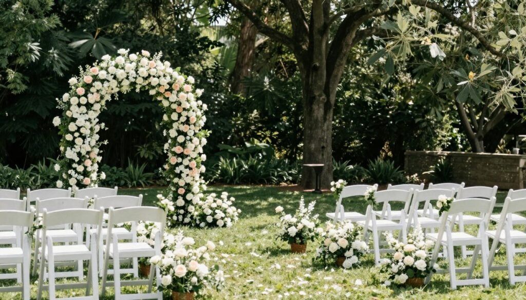 Garden wedding ceremony with floral arch and guest seating arrangement