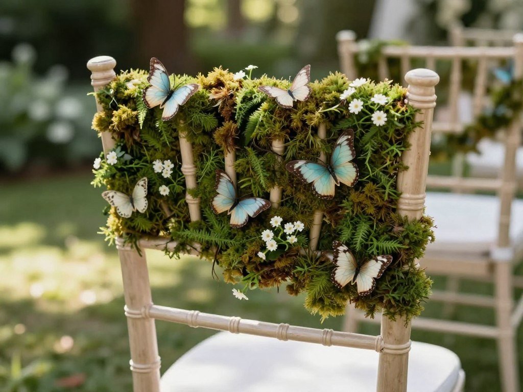 Garden wedding chair with moss and butterfly decorations