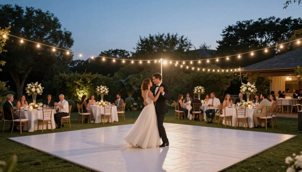 Garden wedding dance floor with string lights overhead