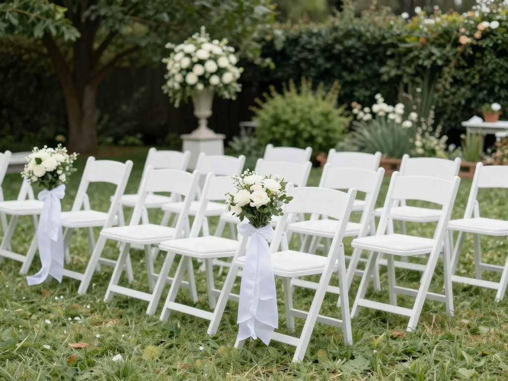 Garden wedding guest seating arrangement with decorated chairs