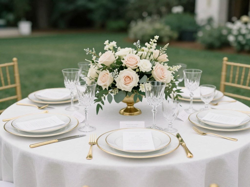 Garden wedding table setting with floral centerpiece and elegant place settings