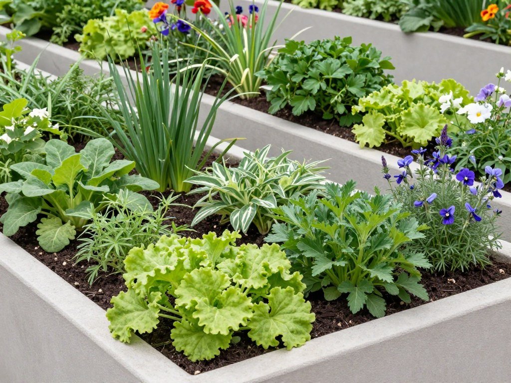 Garden with ornamental and edible plants combined in attractive planter boxes Garden with ornamental and edible plants combined in attractive planter boxes