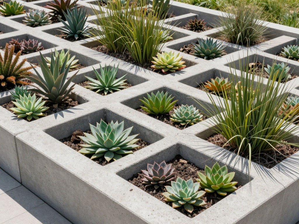 Geometric arrangement of concrete blocks creating modern planters with succulents and grasses