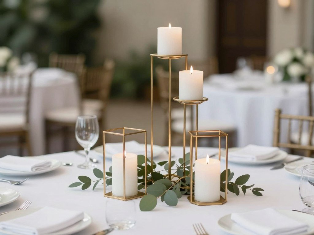 Geometric gold candle holders as modern wedding table centerpieces