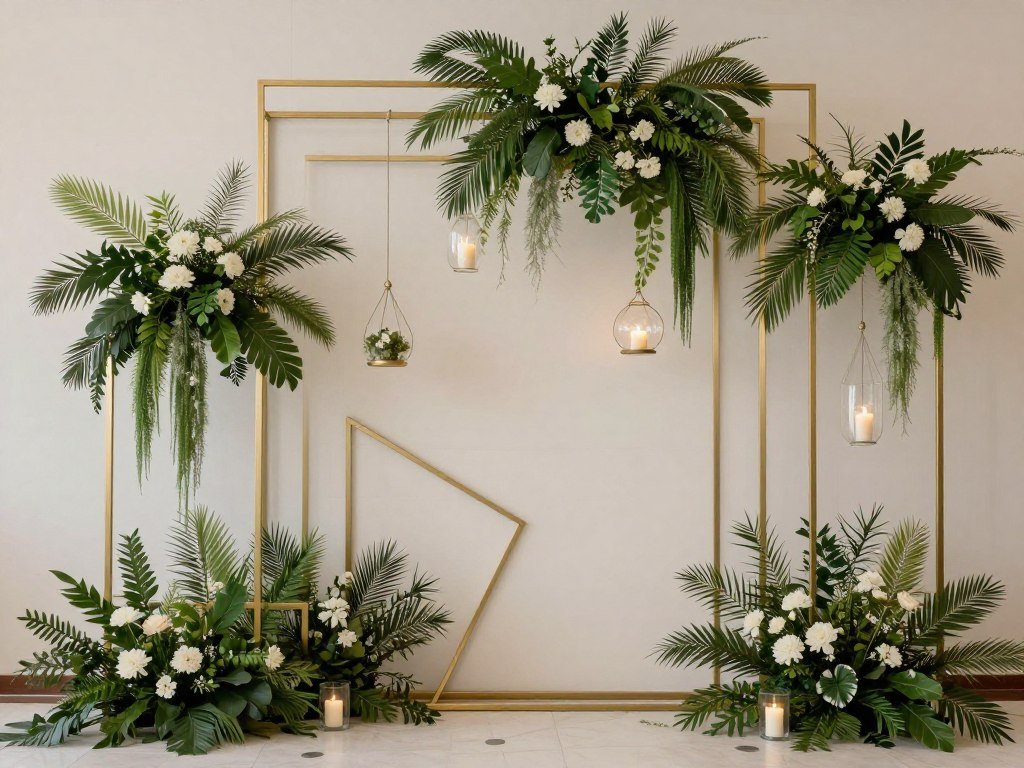Geometric wedding backdrop with gold metal frames, greenery, and hanging glass terrariums