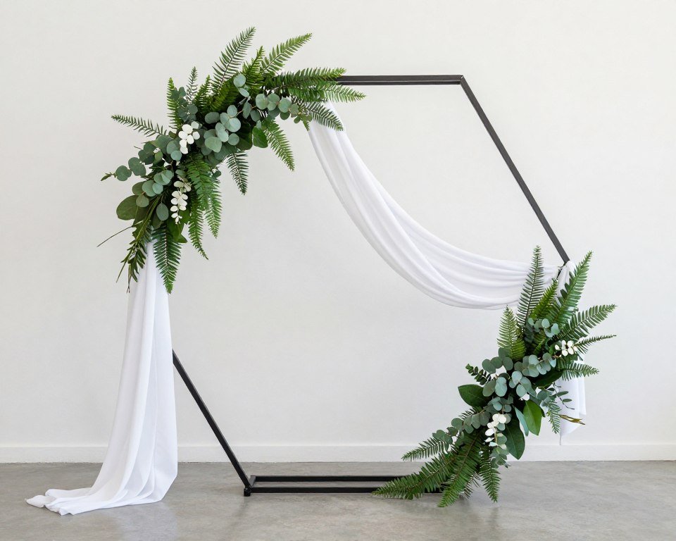 Geometric wedding backdrop with greenery and modern design elements