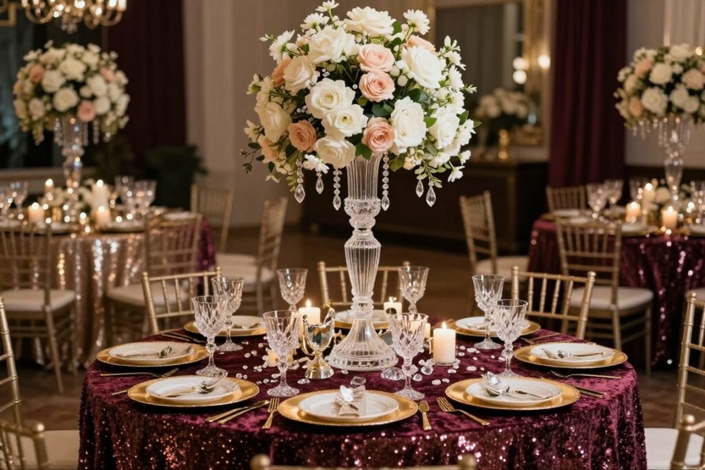 Glamorous round wedding table with crystal candelabra, gold accents, and rich textures