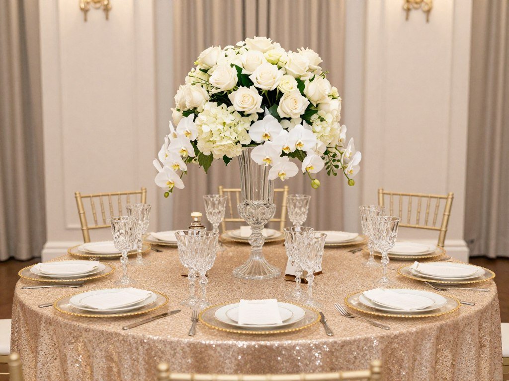Glamorous round wedding table with crystal elements and luxurious floral centerpiece