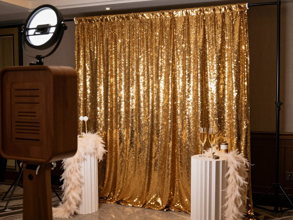 Glamorous wedding photo booth with gold sequin backdrop