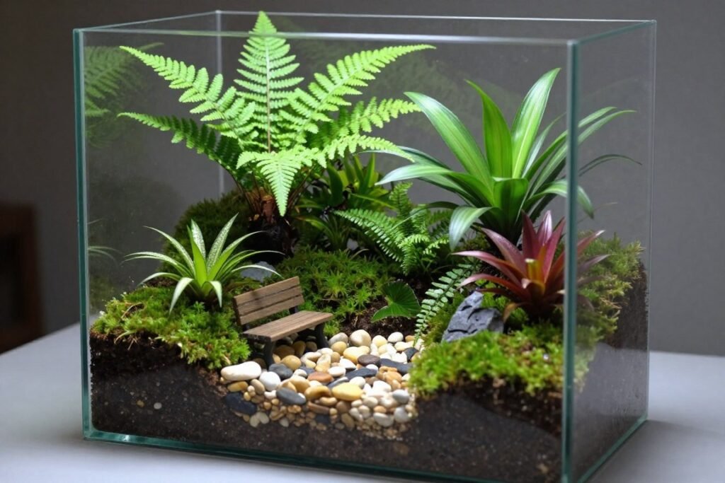 Glass terrarium with miniature landscape featuring small plants, moss, and decorative elements Glass terrarium with miniature landscape featuring small plants, moss, and decorative elements