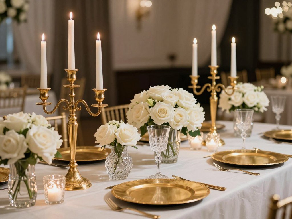 Gold candelabras and crystal vases with white flowers for luxury wedding table decoration