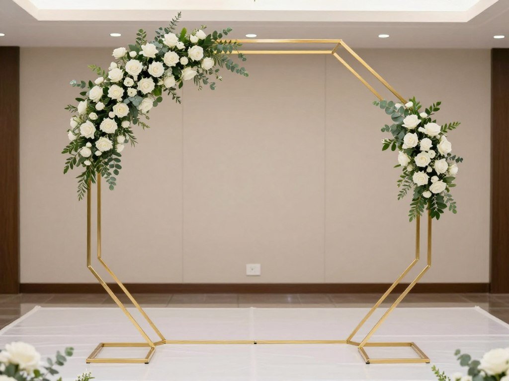 Gold octagon arch decoration wedding with white flowers and greenery