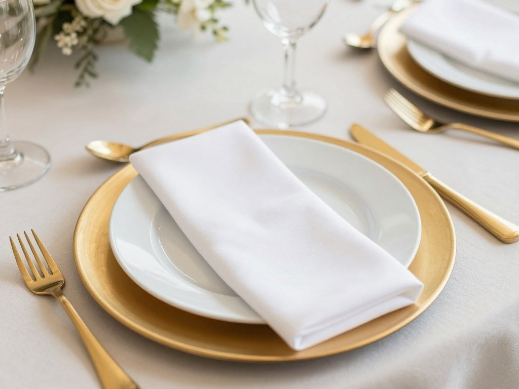 Gold-rimmed plates and chargers with elegant napkins for engagement party