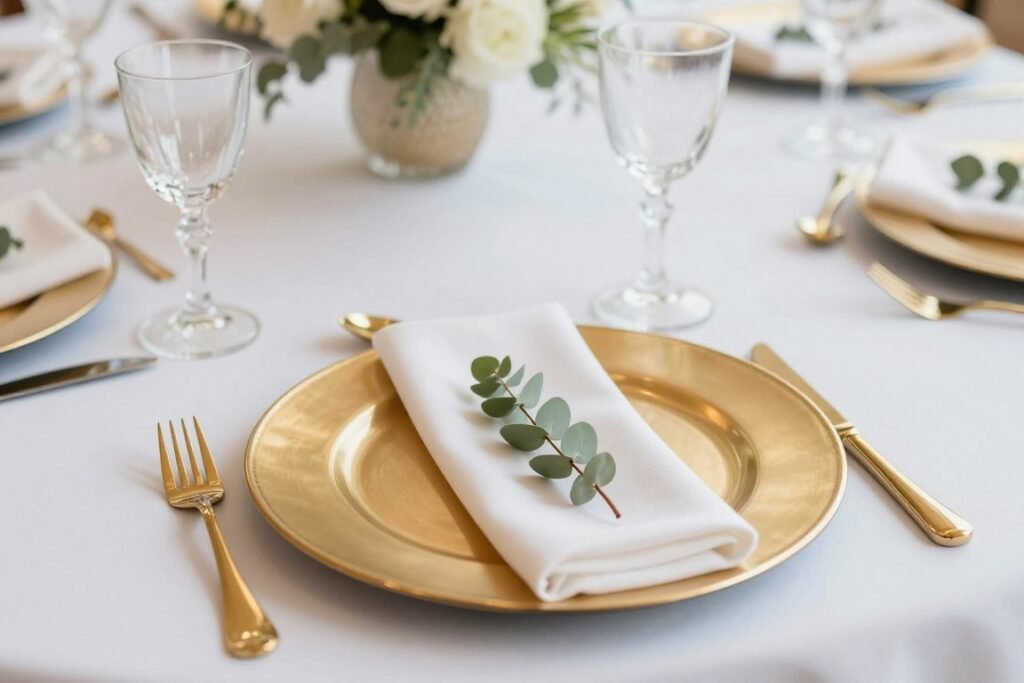 Gold-rimmed plates and gold flatware wedding table place setting
