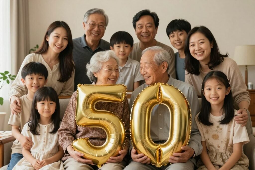 Golden anniversary photo with elderly couple surrounded by family members Golden anniversary photo with elderly couple surrounded by family members