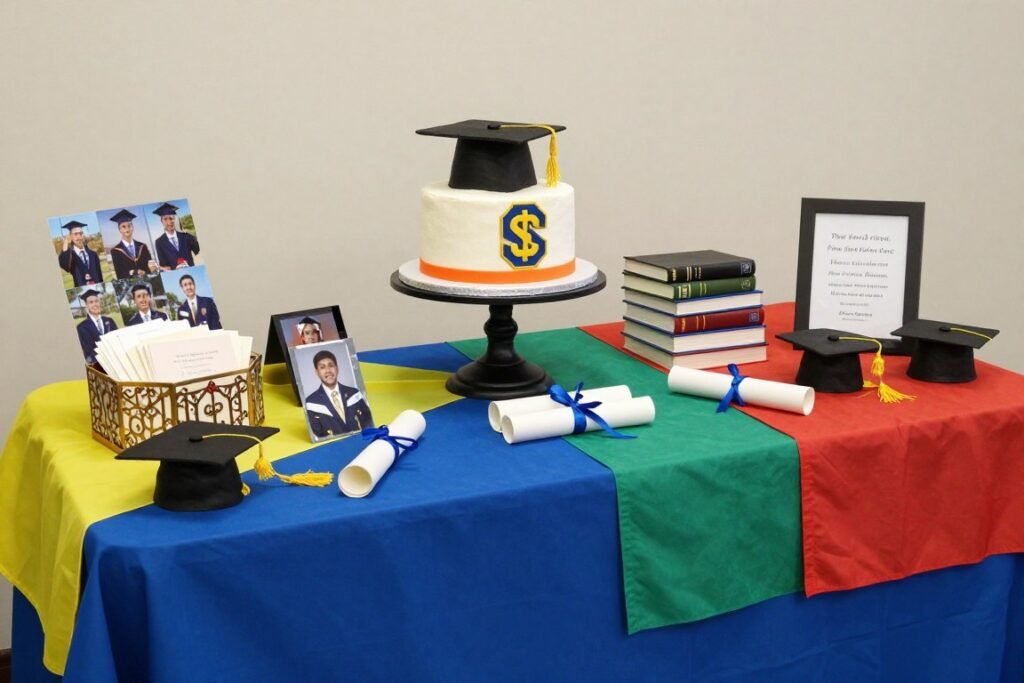 Graduation cake table with school colors, academic props, and celebratory elements