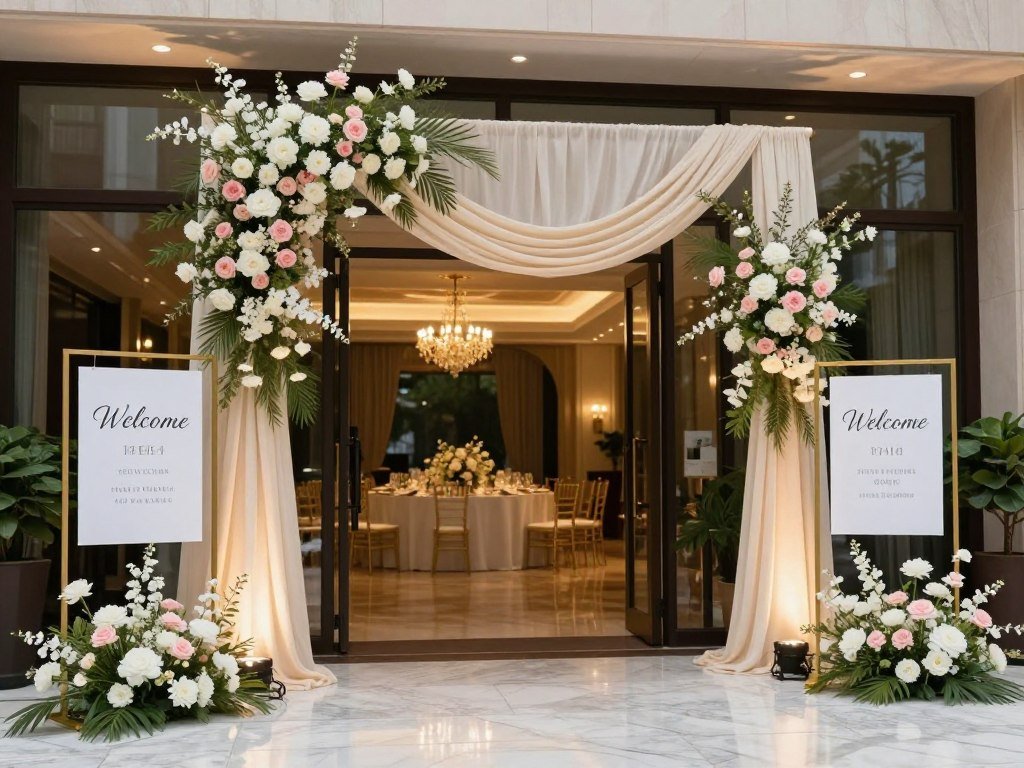 Grand wedding reception entrance with floral installations and elegant signage