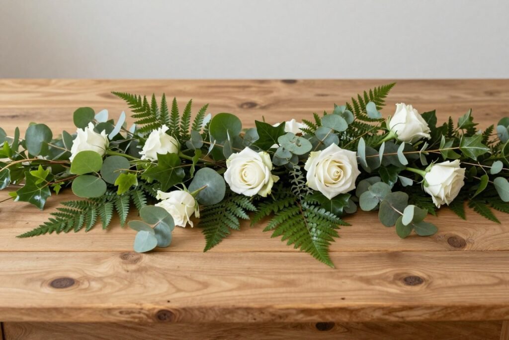 Greenery garland table runner with minimal flowers