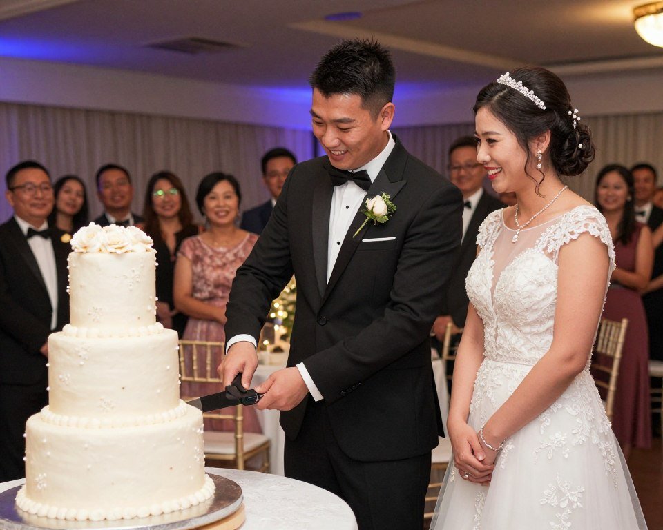 Groom cutting his cake at wedding reception