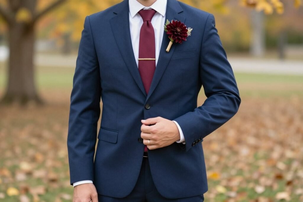 Groom in navy suit with burgundy tie and fall boutonniere Groom in navy suit with burgundy tie and fall boutonniere