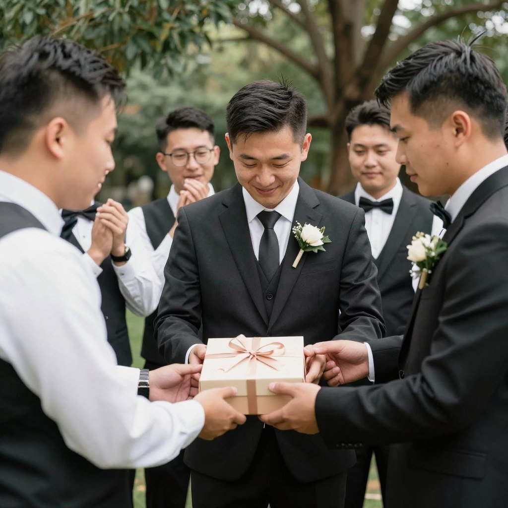Groom presenting personalized gift boxes to groomsmen