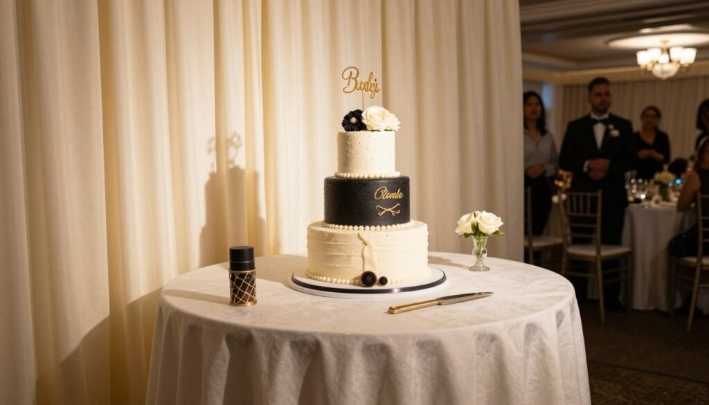 Grooms cake display table at wedding reception