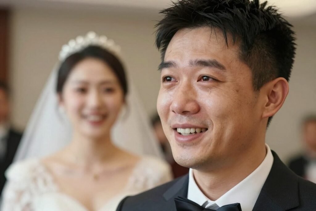 Groom's emotional reaction during first look moment