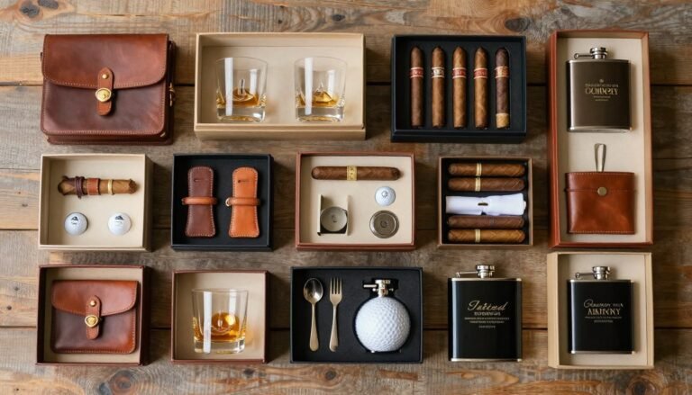 Groomsmen gift box ideas displayed with various themed collections including whiskey glasses, personalized items, and outdoor gear