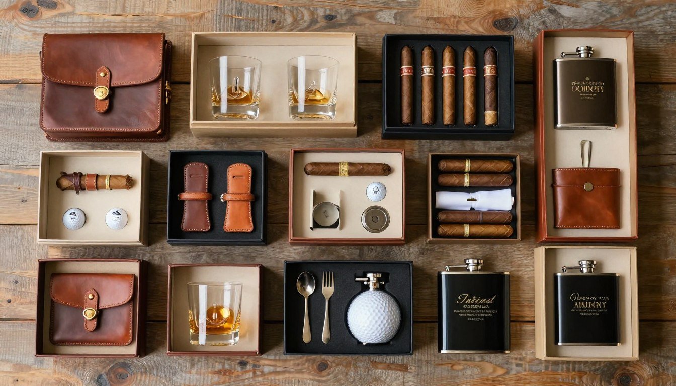 Groomsmen gift box ideas displayed with various themed collections including whiskey glasses, personalized items, and outdoor gear