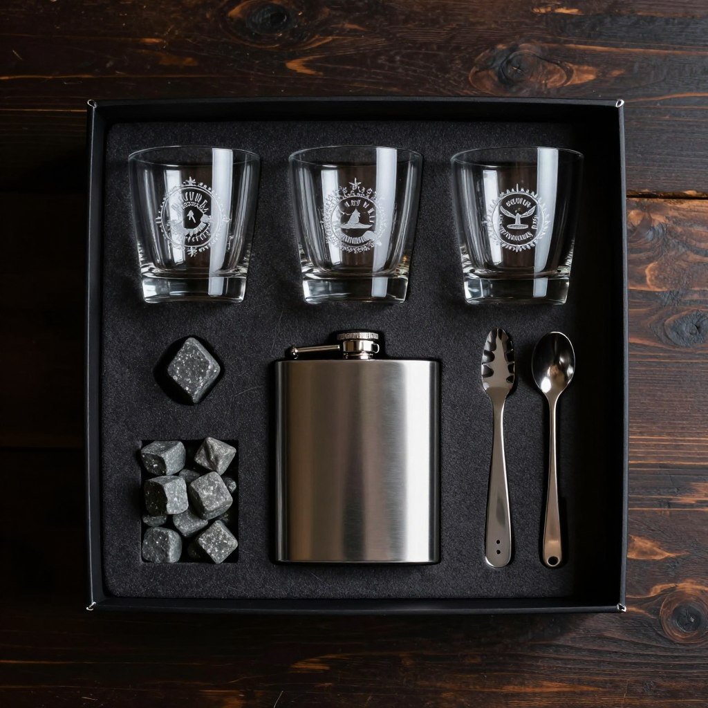 Groomsmen gift box with whiskey glasses, flask, and bar tools