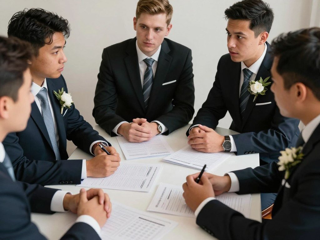 Groomsmen meeting discussing wedding responsibilities and expectations
