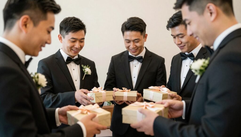 Groomsmen opening gift boxes together Groomsmen opening gift boxes together