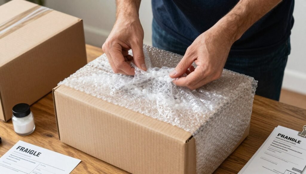 Groomsmen proposal box being packaged for shipping with mailing supplies