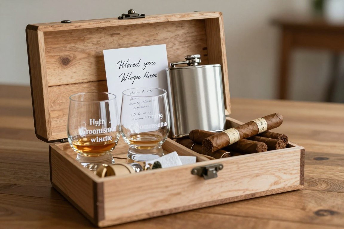 Groomsmen proposal box with personalized whiskey glasses and rustic wooden crate