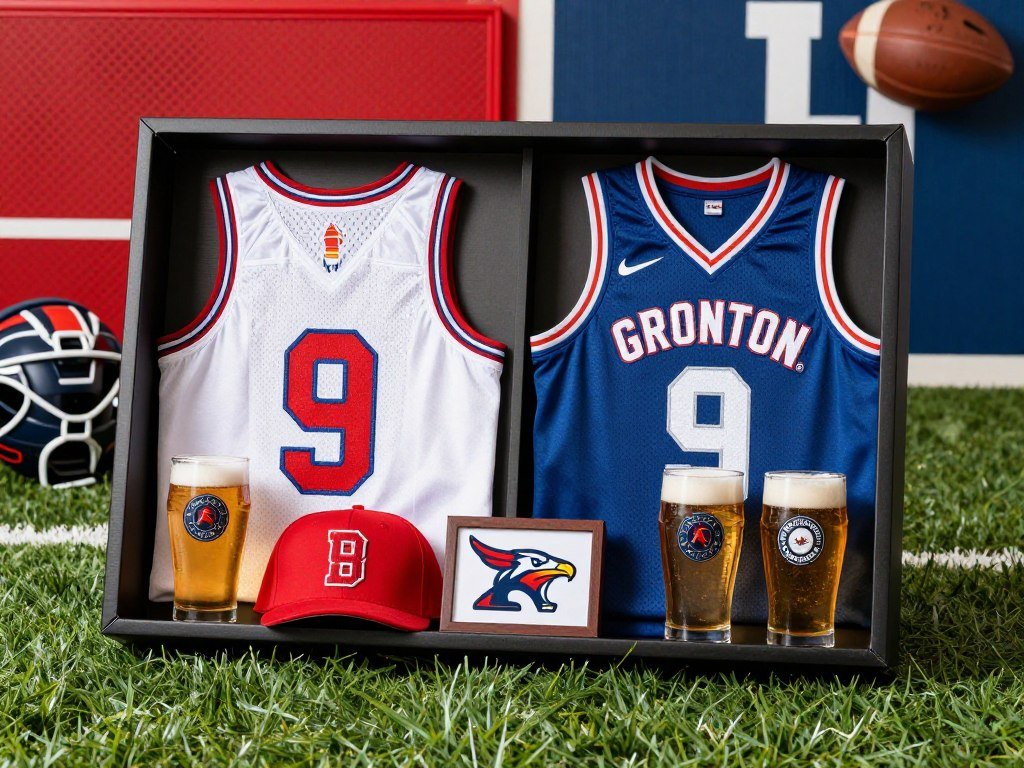 Groomsmen proposal box with sports memorabilia and team colors