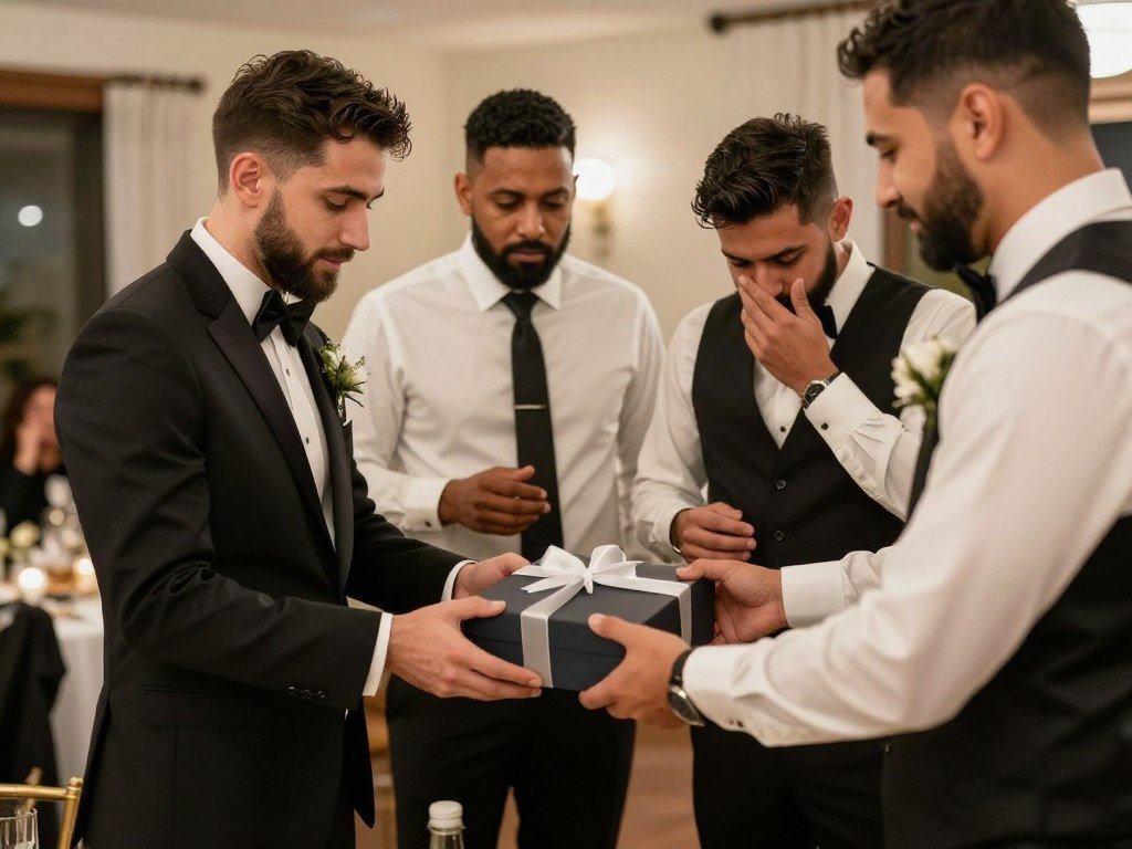 Groomsmen receiving gift boxes at rehearsal dinner