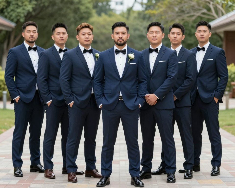 Groomsmen standing in casual formation with groom in center