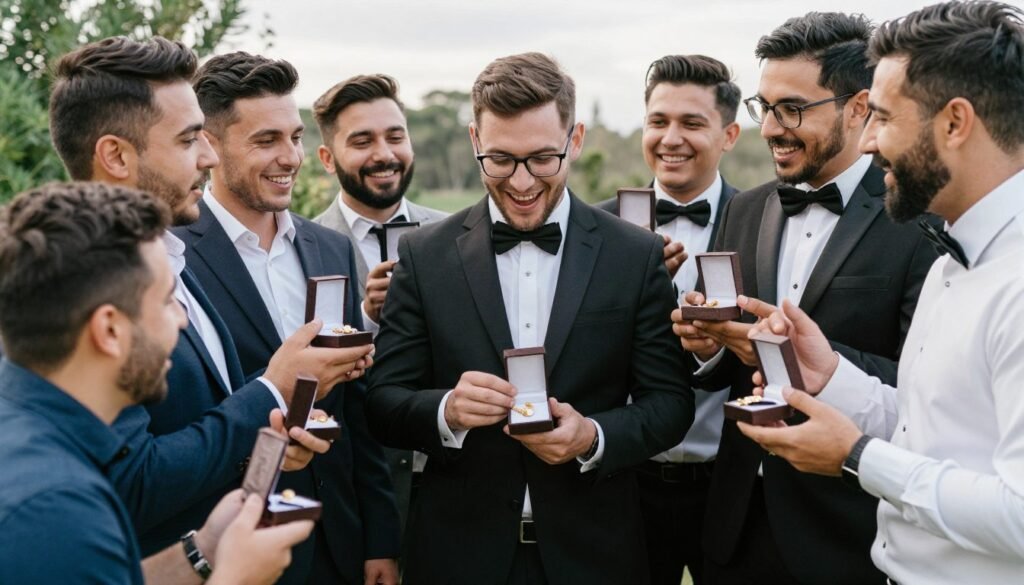 Groomsmen together holding their proposal boxes celebrating friendship
