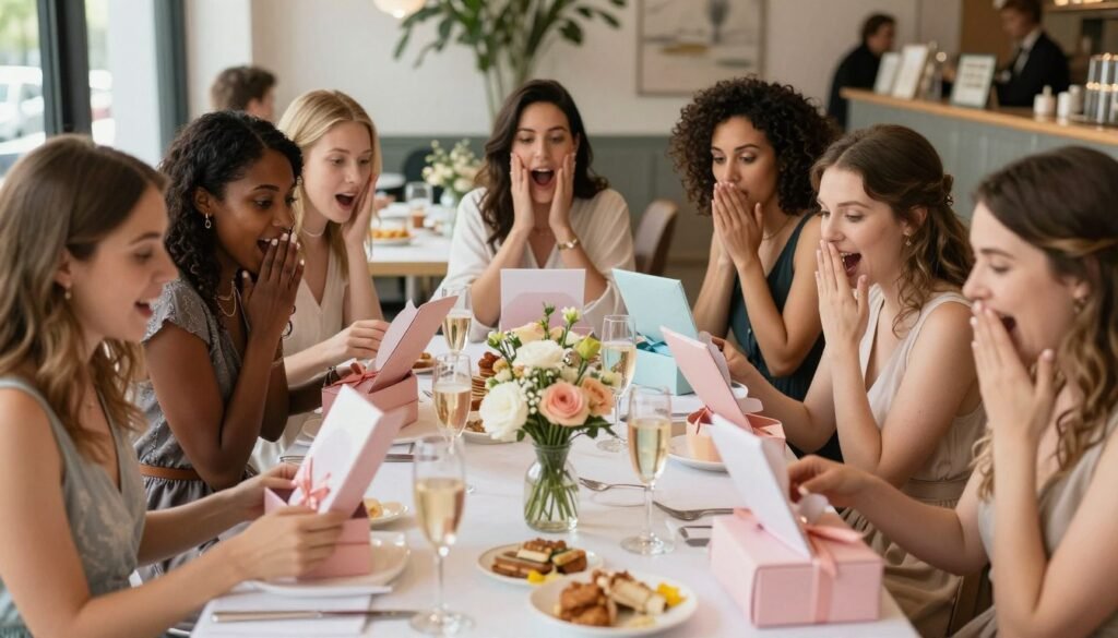 Group of friends at brunch restaurant receiving bridesmaid proposal gifts together in celebration