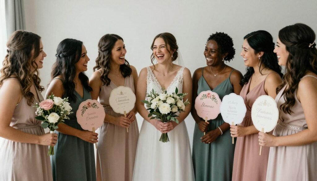 Group of happy bridesmaids holding their proposal gifts celebrating together with bride