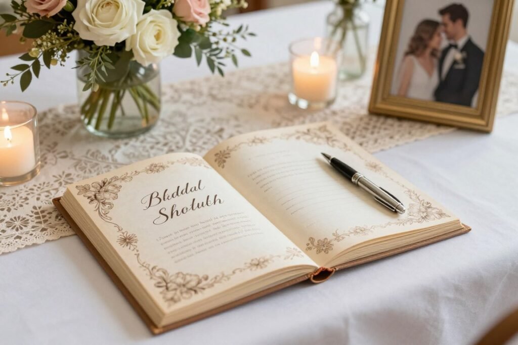 Guest book table decorated with flowers and bridal shower decorations