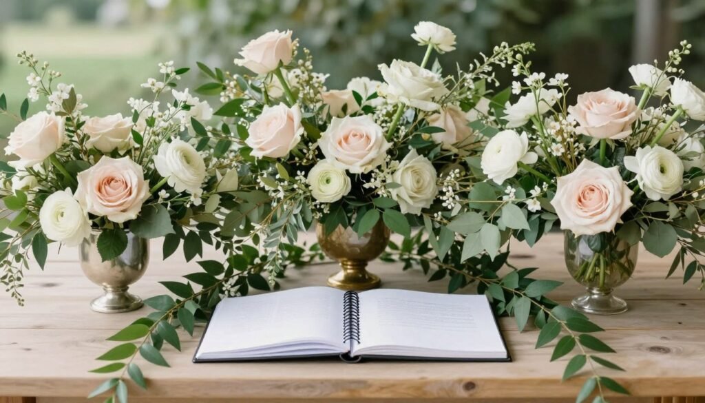 Guest book table with beautiful floral arrangements complementing the decor Guest book table with beautiful floral arrangements complementing the decor