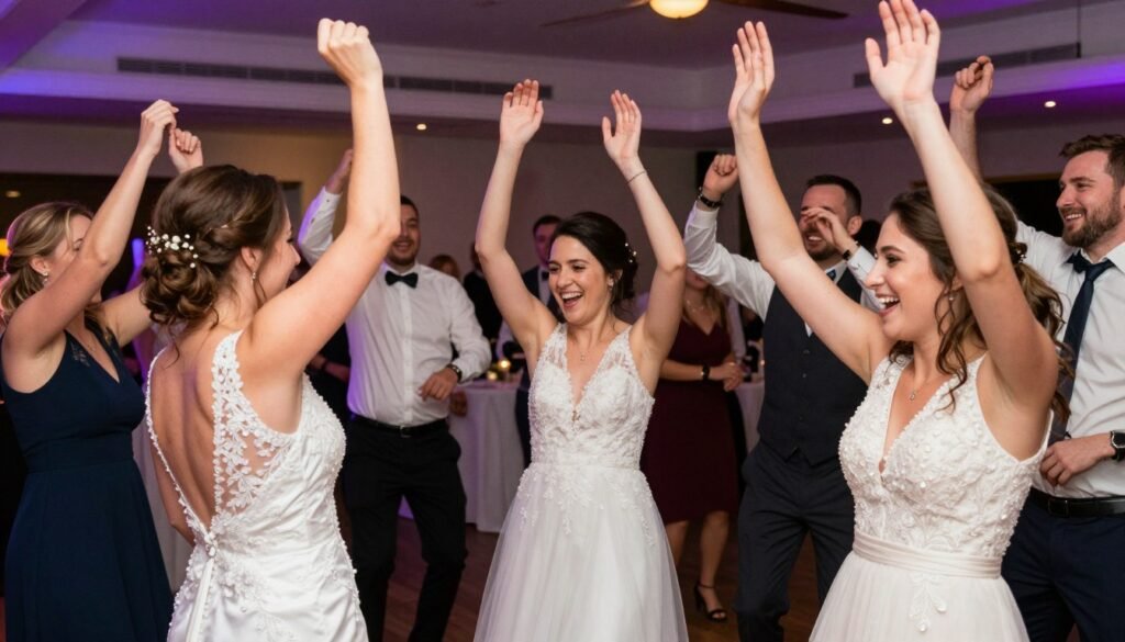 Guests dancing energetically on wedding reception dance floor
