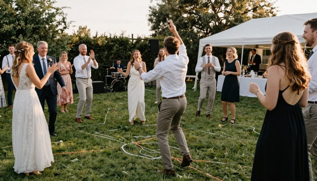 Guests enjoying entertainment at backyard wedding