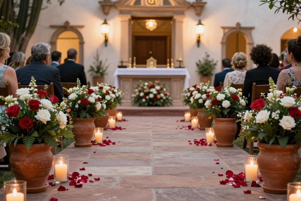 Hacienda wedding aisle decorated with terracotta pots, flower petals, and candles Hacienda wedding aisle decorated with terracotta pots, flower petals, and candles
