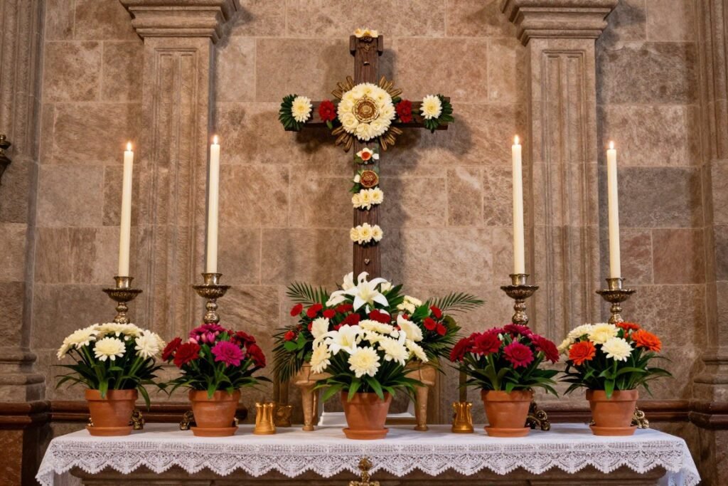 Hacienda wedding altar with religious elements, candles, and traditional Mexican decor Hacienda wedding altar with religious elements, candles, and traditional Mexican decor