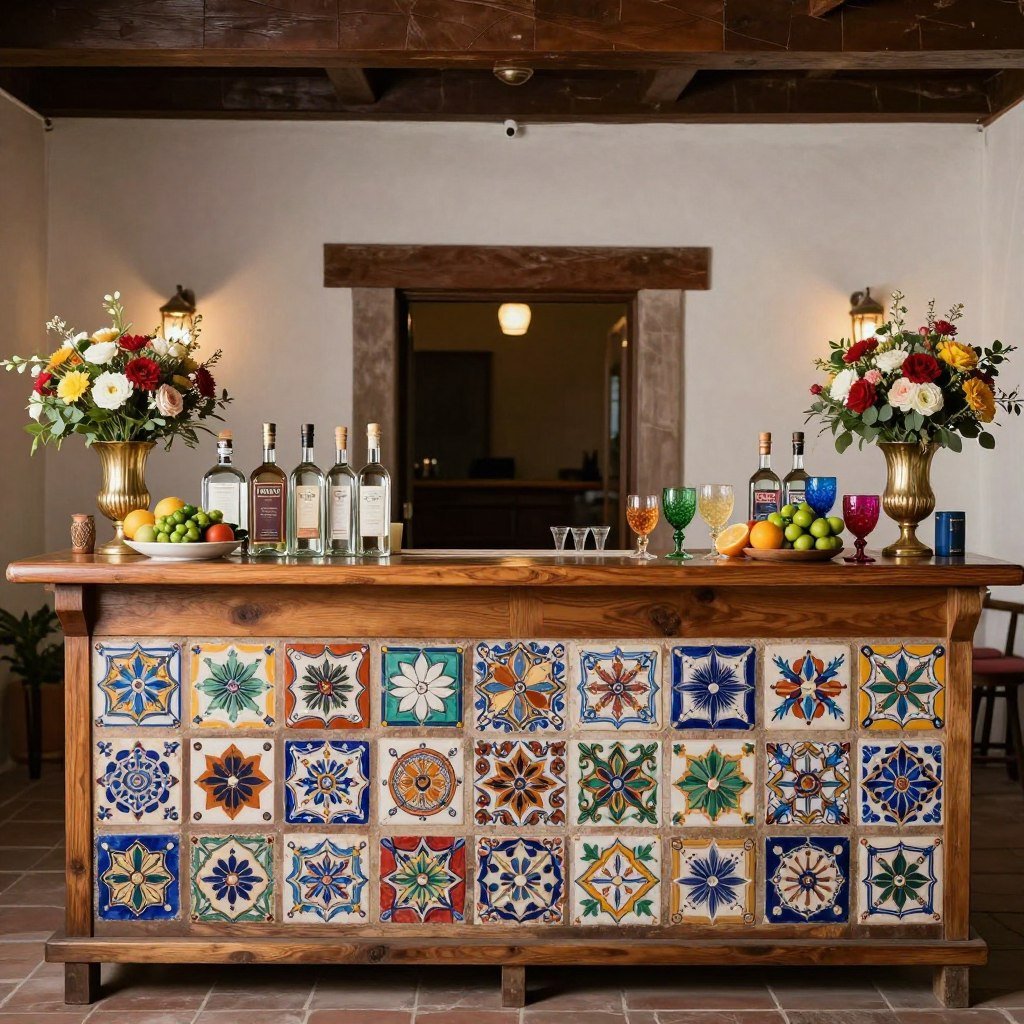 Hacienda wedding bar area decorated with colorful tiles, flowers, and traditional Mexican elements Hacienda wedding bar area decorated with colorful tiles, flowers, and traditional Mexican elements