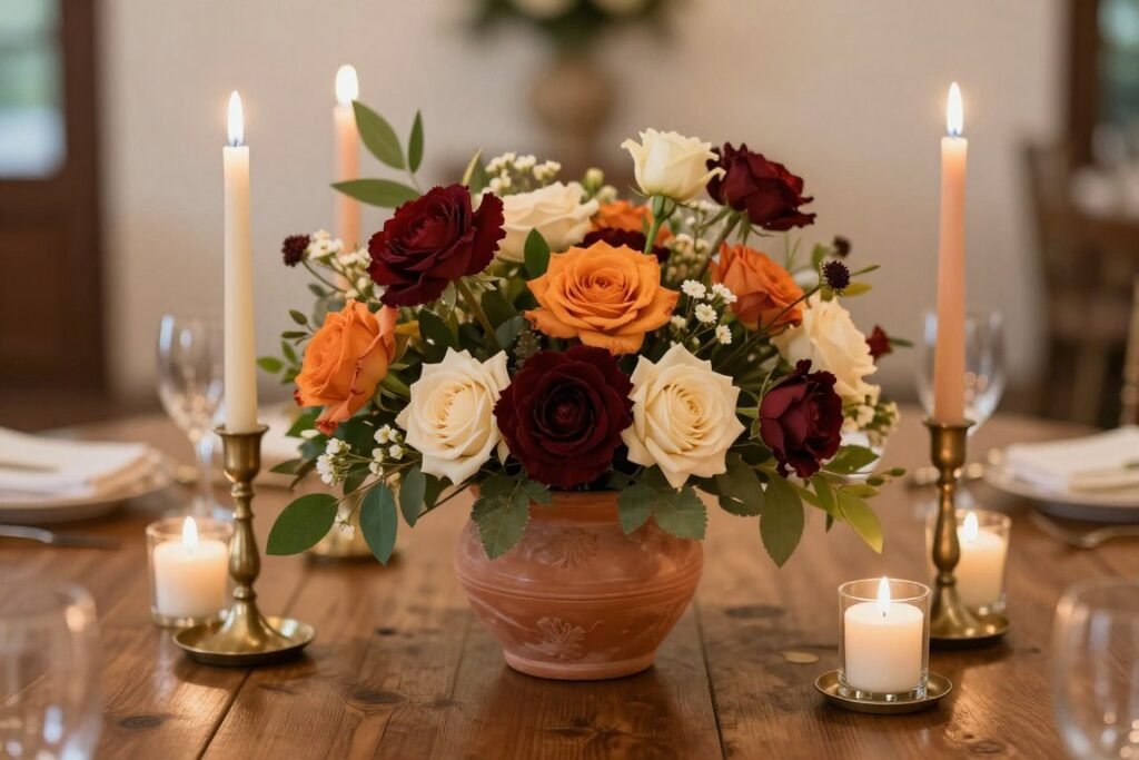 Hacienda wedding centerpiece with terracotta vessels, candles, and colorful flowers Hacienda wedding centerpiece with terracotta vessels, candles, and colorful flowers