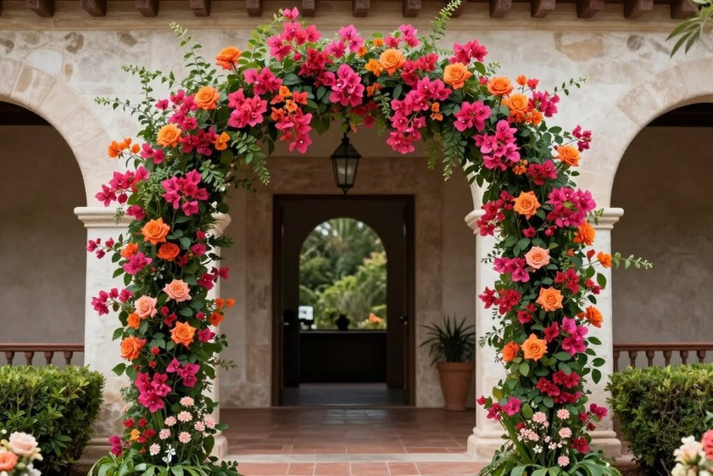 Hacienda wedding ceremony arch decorated with colorful bougainvillea, roses, and greenery Hacienda wedding ceremony arch decorated with colorful bougainvillea, roses, and greenery