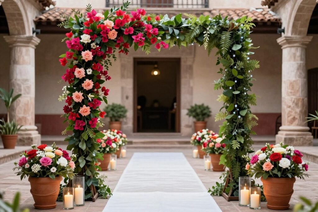 Hacienda wedding ceremony space decorated with colorful flowers, candles, and traditional Mexican elements Hacienda wedding ceremony space decorated with colorful flowers, candles, and traditional Mexican elements